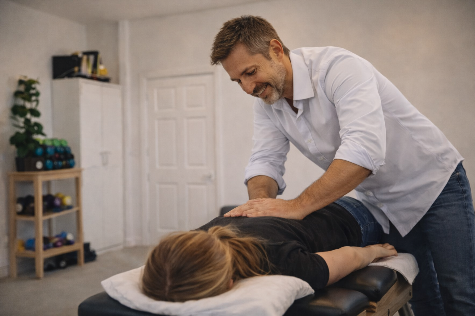 Chiropractor behandelt patiënt in de oefenruimte